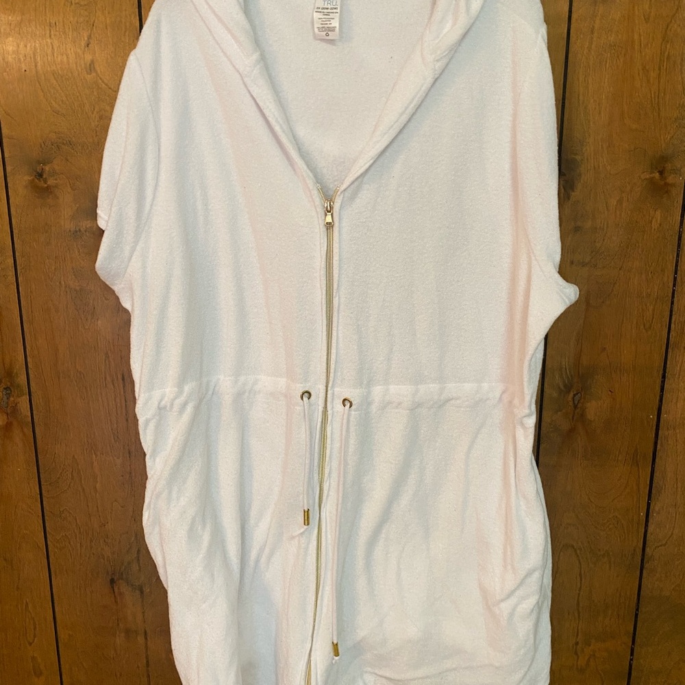 Time and Tru White Terry Hooded Zip Cover-Up